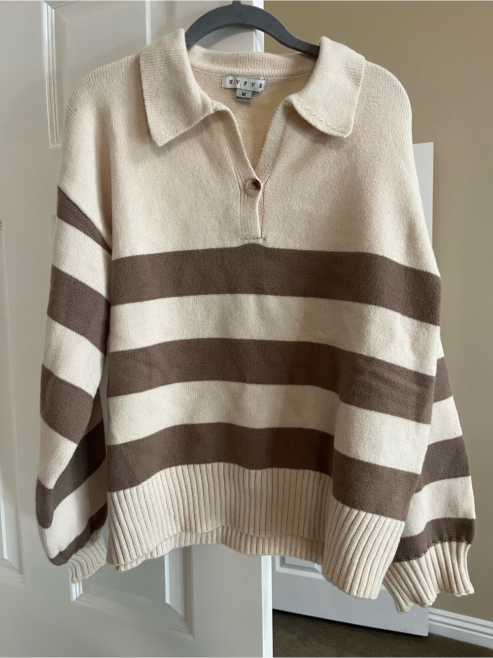 HYFVE Cream & Brown Striped V-Neck Sweater